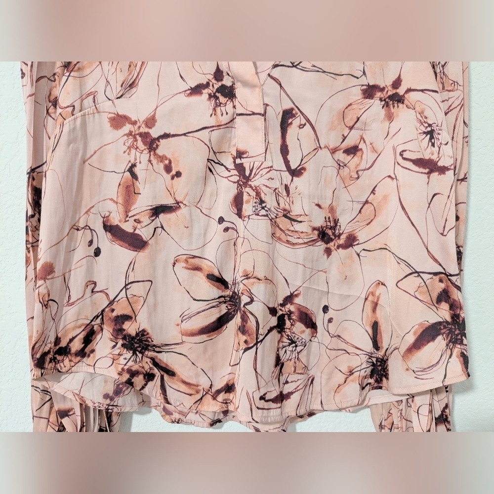 Anthropologie Pink Floral V-Neck Long Sleeve Pleated Draped Silky Blouse Office - Picture 7 of 10